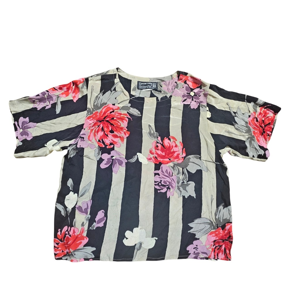 Vintage Carole Little Saint-Tropez West 100% Silk Floral Stripe Blouse Top 10